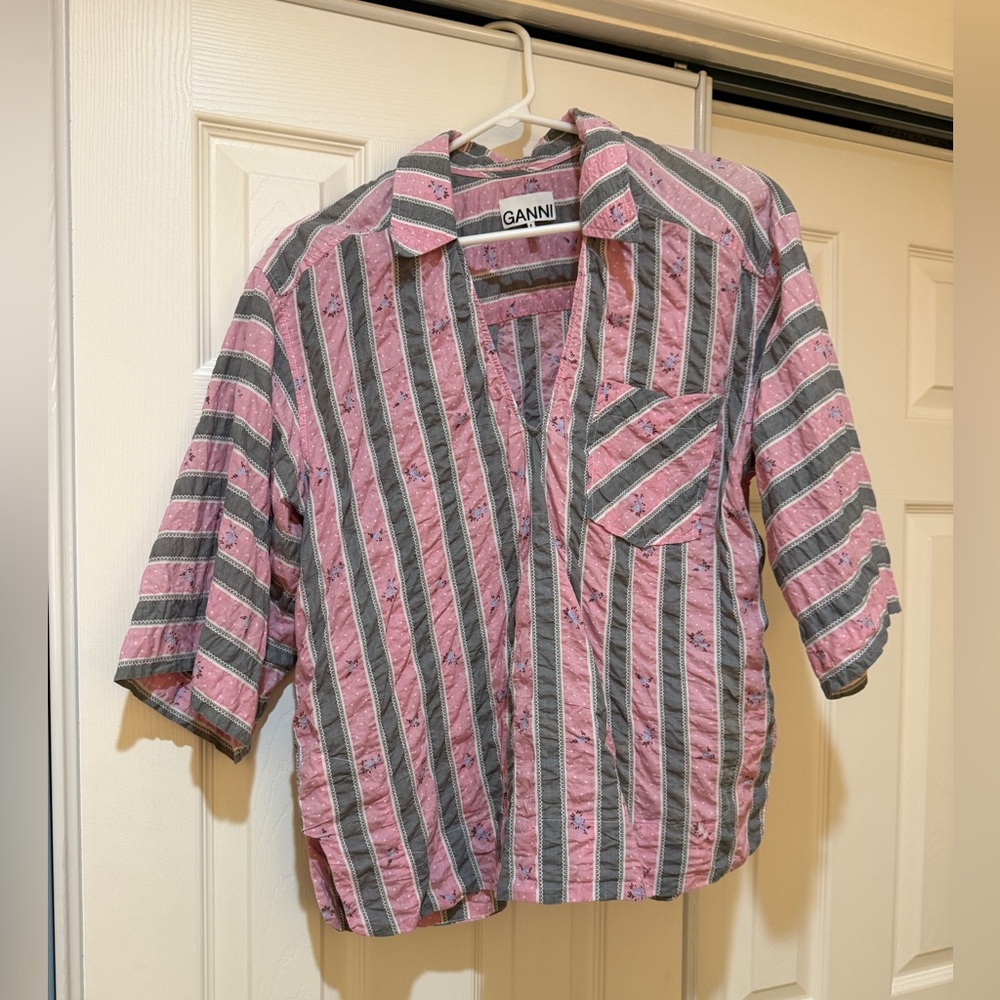 GANNI Oversized Striped MidiStyle Blouse In Pink Nectar Sz. S/M